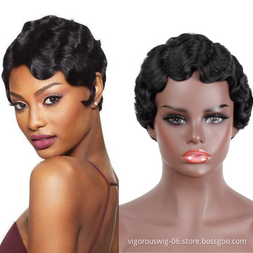 Vigorous Short Finger Wave Cheap Wigs For Women Hair Pixie Cut Machine Made  Synthetic  Wigs No Lace Front
